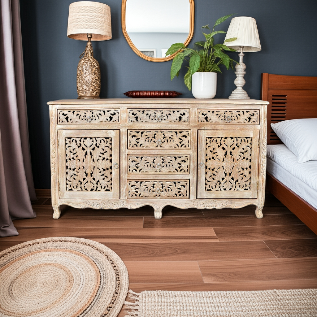 Hand carved Indian solid wooden Nadia 6 drawers combo dresser