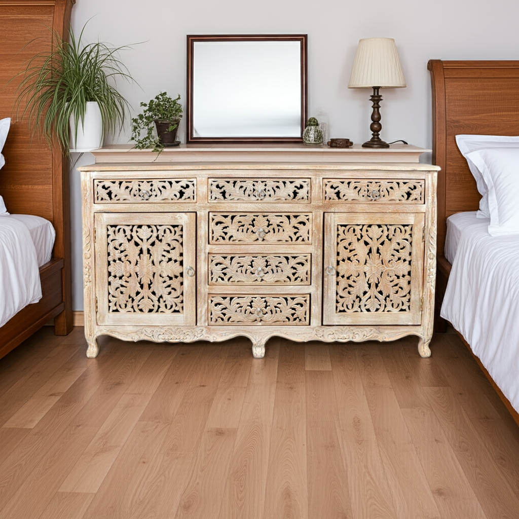Hand carved Indian solid wooden Nadia 6 drawers combo dresser