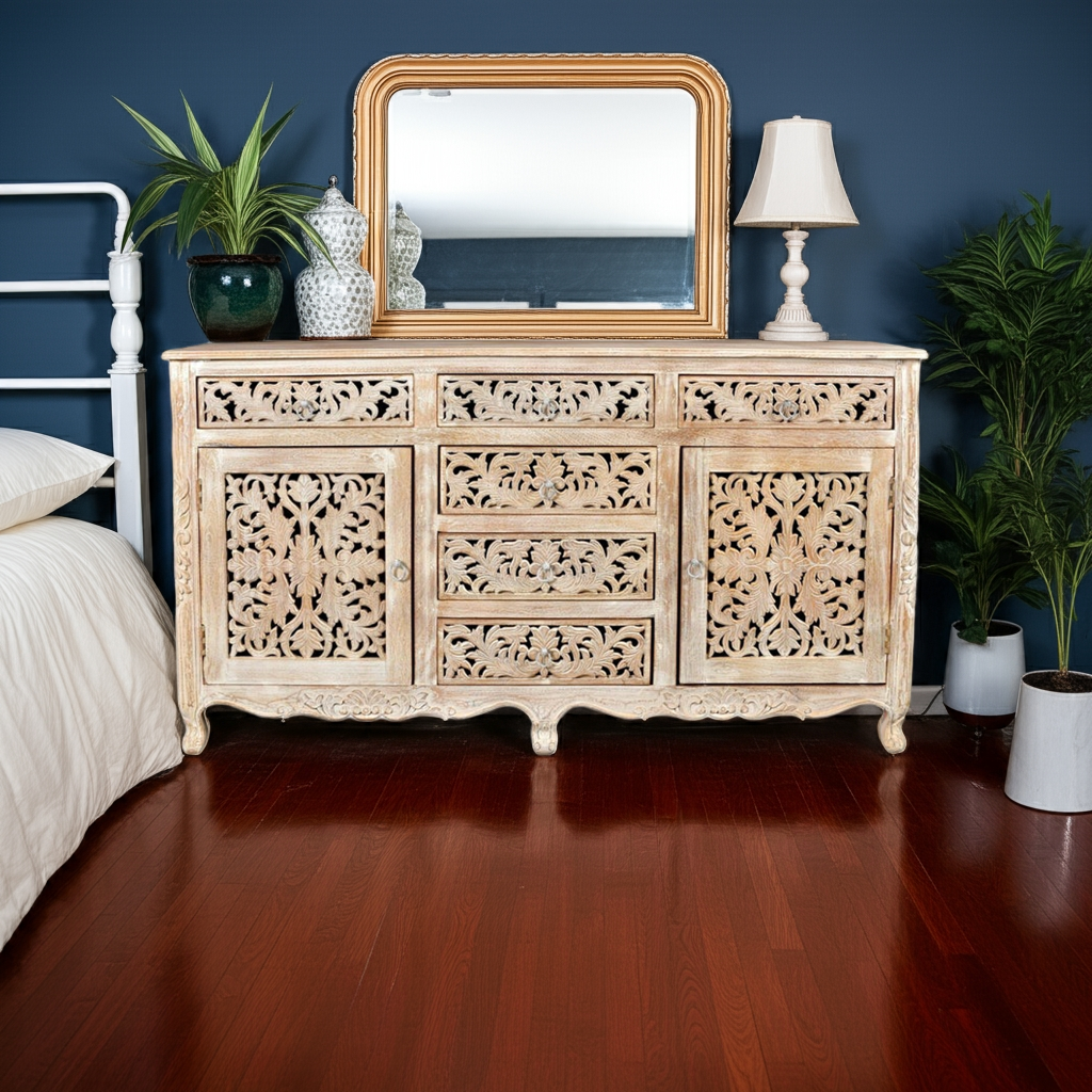 Hand carved Indian solid wooden Nadia 6 drawers combo dresser