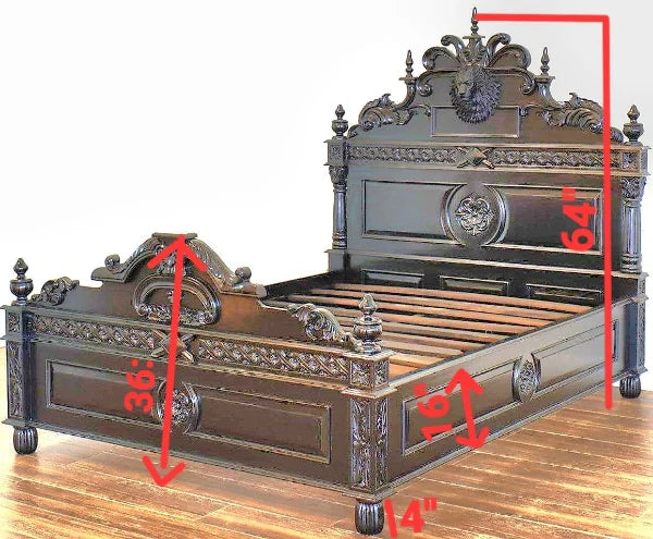 Lion Head Hand Carved Gothic Style Solid Wooden Bed