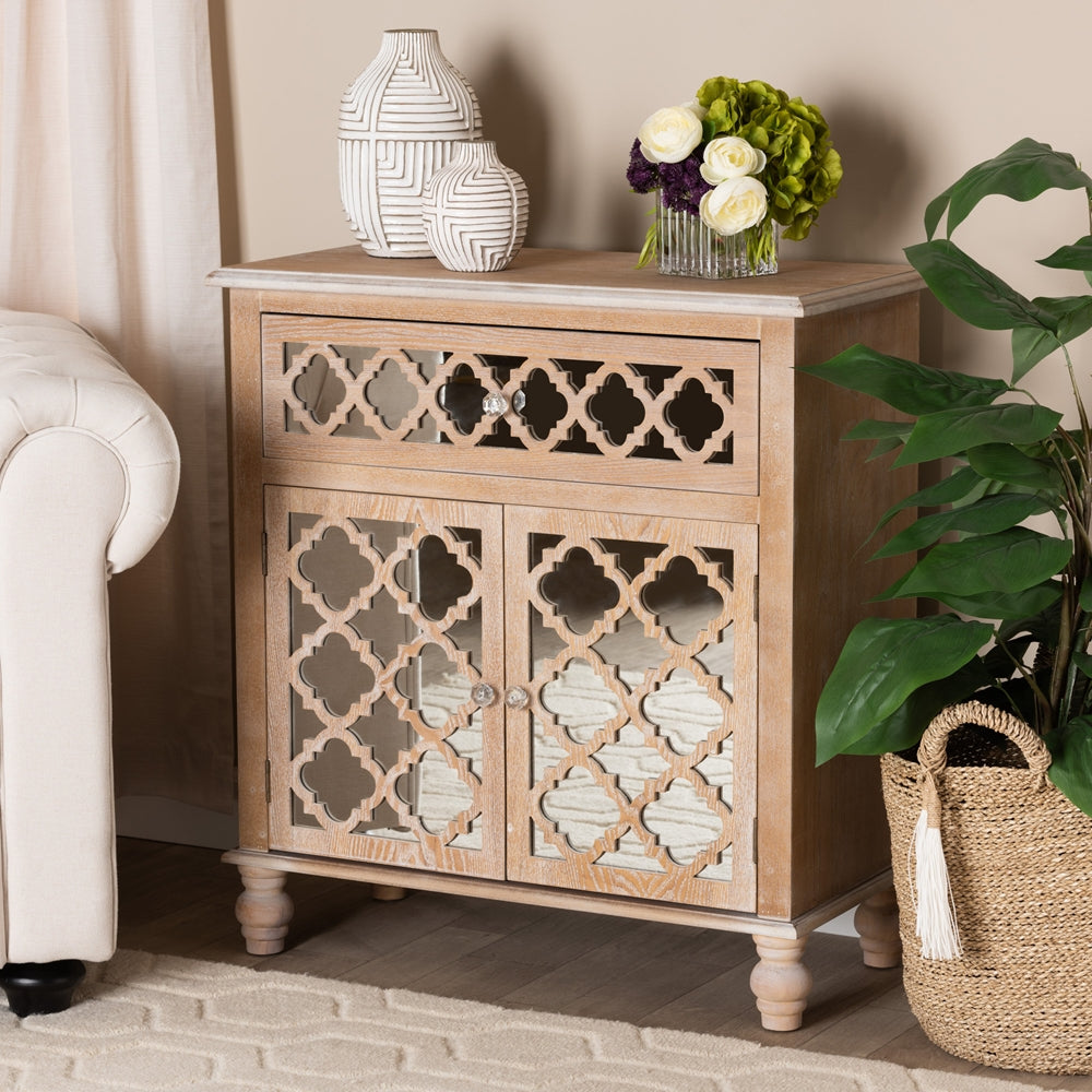 Glam Wooden Rustic Mirrored Storage Cabinet