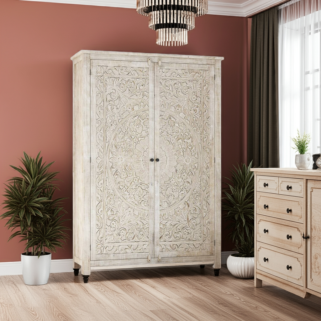Salman Hand carved Solid Wood Large White Wardrobe Armoire