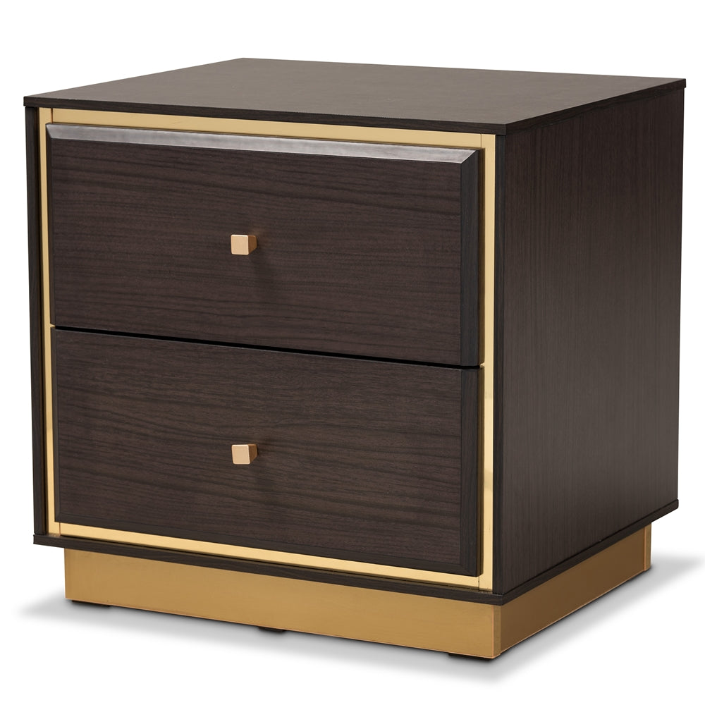 BRYER STUDIO VIOLA MID-CENTURY MODERN TRANSITIONAL DARK BROWN FINISHED WOOD AND METAL 2-DRAWER NIGHTSTAND / BEDSIDE TABLE