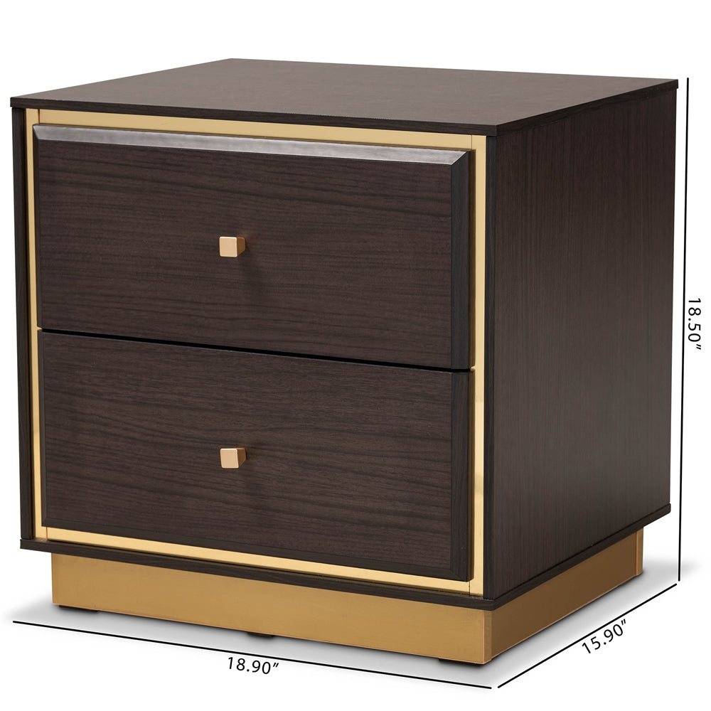 BRYER STUDIO VIOLA MID-CENTURY MODERN TRANSITIONAL DARK BROWN FINISHED WOOD AND METAL 2-DRAWER NIGHTSTAND / BEDSIDE TABLE