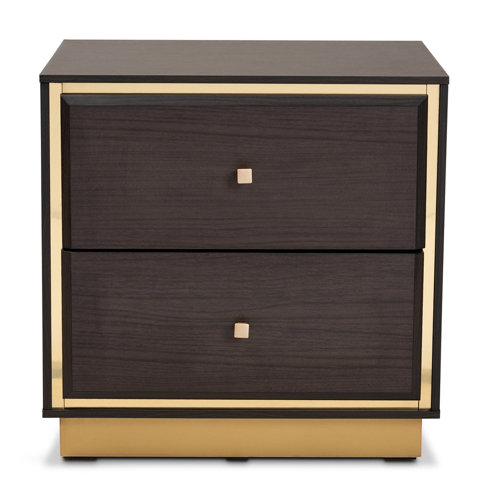 BRYER STUDIO VIOLA MID-CENTURY MODERN TRANSITIONAL DARK BROWN FINISHED WOOD AND METAL 2-DRAWER NIGHTSTAND / BEDSIDE TABLE