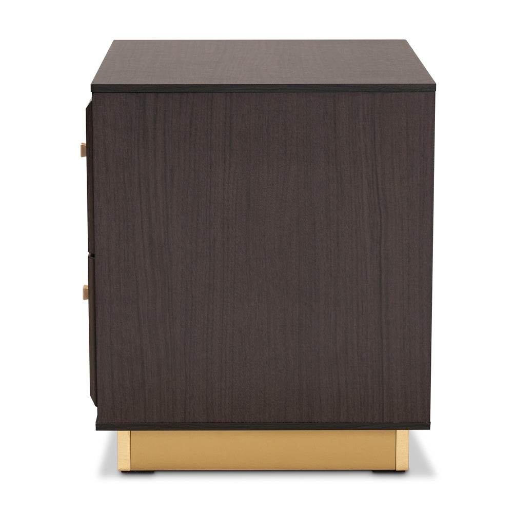 BRYER STUDIO VIOLA MID-CENTURY MODERN TRANSITIONAL DARK BROWN FINISHED WOOD AND METAL 2-DRAWER NIGHTSTAND / BEDSIDE TABLE