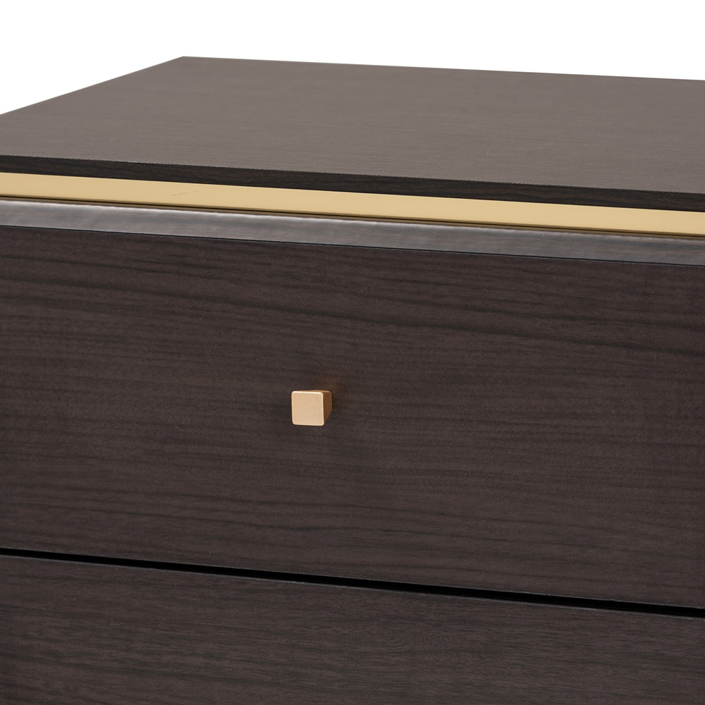 BRYER STUDIO VIOLA MID-CENTURY MODERN TRANSITIONAL DARK BROWN FINISHED WOOD AND METAL 2-DRAWER NIGHTSTAND / BEDSIDE TABLE