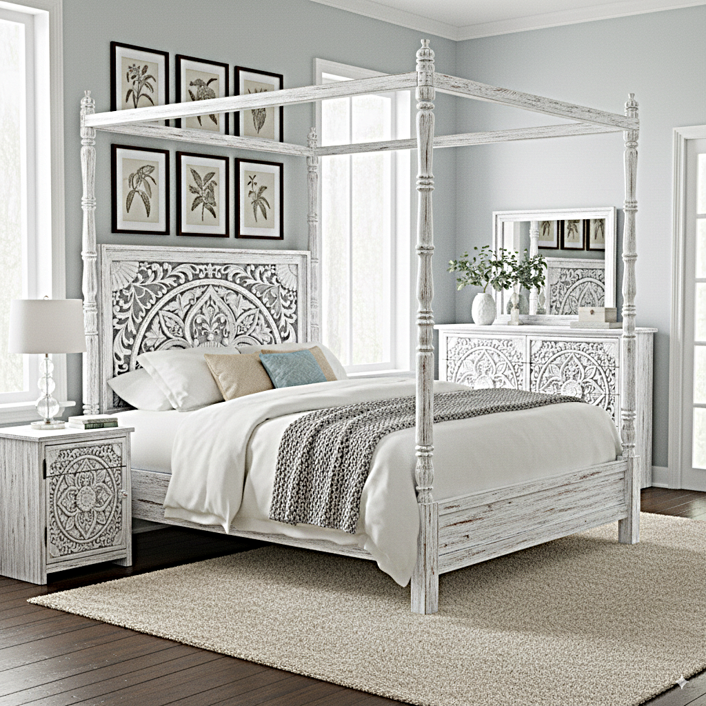 Ilano Weathered Hand-carved Solid Mango Wood Canopy Platform Bed