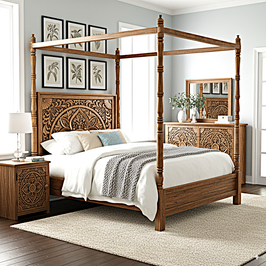 Ilano Weathered Hand-carved Solid Mango Wood Canopy Platform Bed