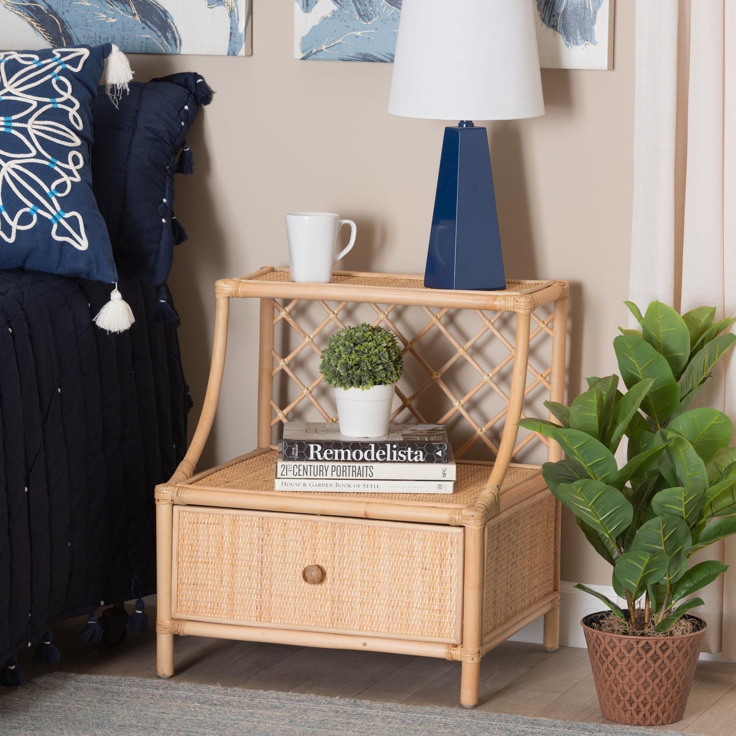 CALVIN & BAY CESAR BOHEMIAN NATURAL BROWN RATTAN 1-DRAWER NIGHTSTAND/ BEDSIDE TABLE