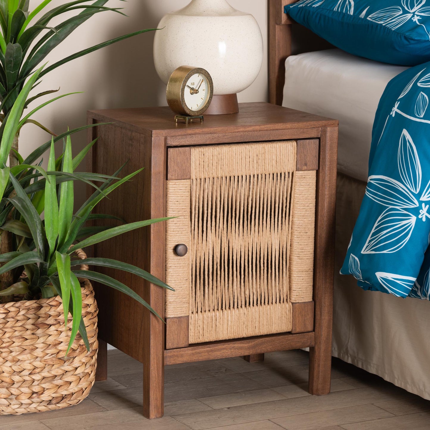 CALVIN & BAY MODERN RATTAN BOHEMIAN BROWN FINISHED WOOD NIGHTSTAND/BEDSIDE TABLE