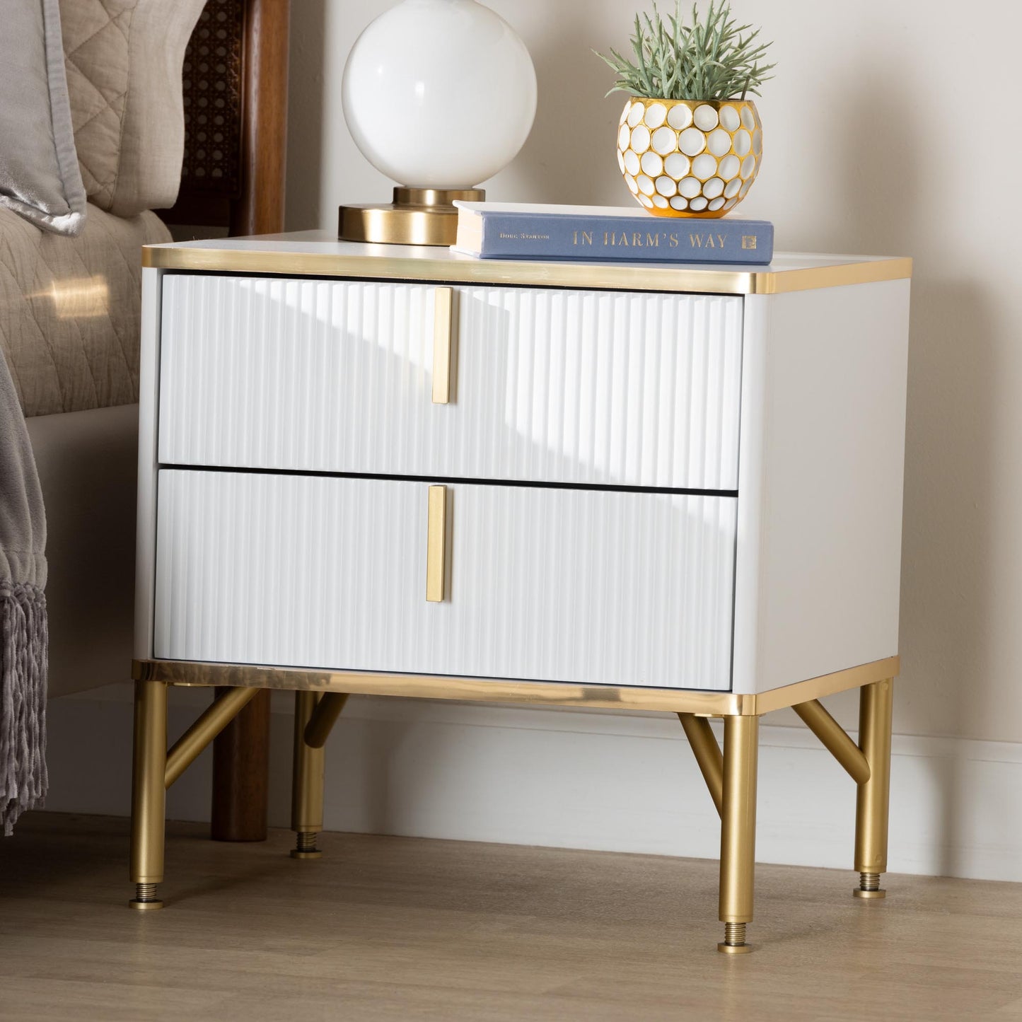 BRYER STUDIO LILIAN MODERN GLAM WHITE WOOD AND METAL 2-DRAWER NIGHTSTAND/ BEDSIDE TABLE