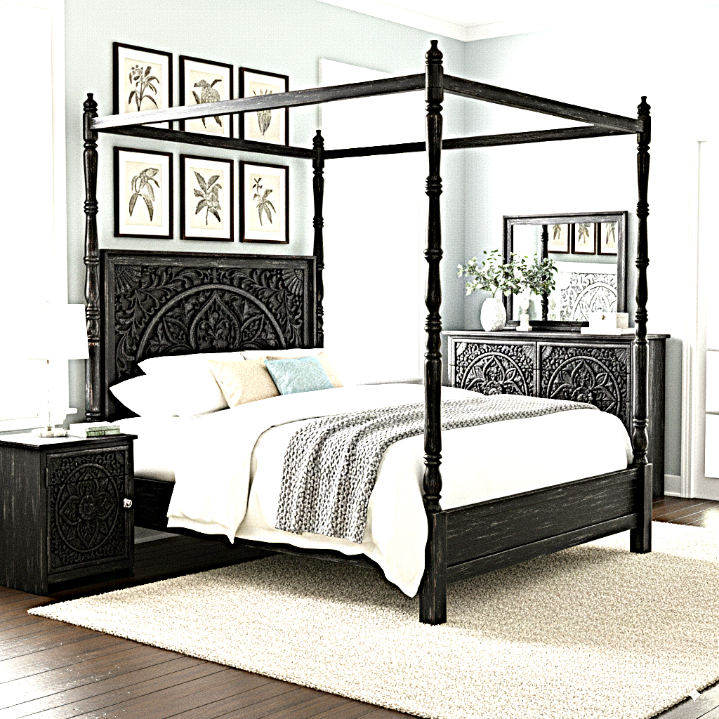 Ilano Weathered Hand-carved Solid Mango Wood Canopy Platform Bed