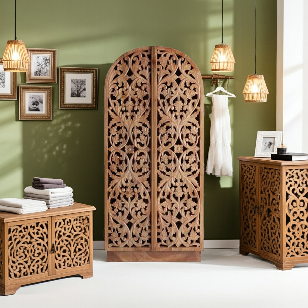 Sitra Arched Natural Floral Hand Carved Wood Storage Cabinet