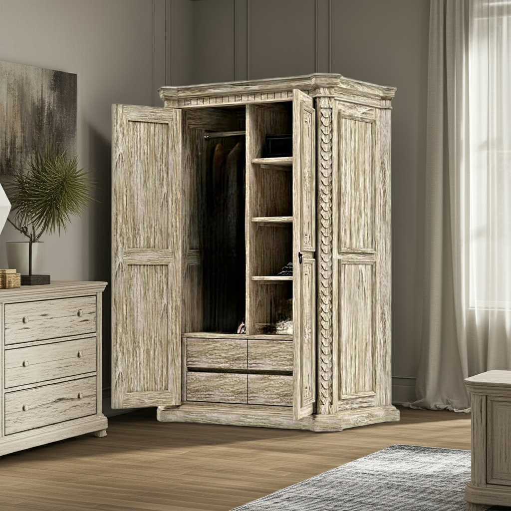 Nimbus Rustic Solid Wood Hand-Carved Armoire With 4 Drawers