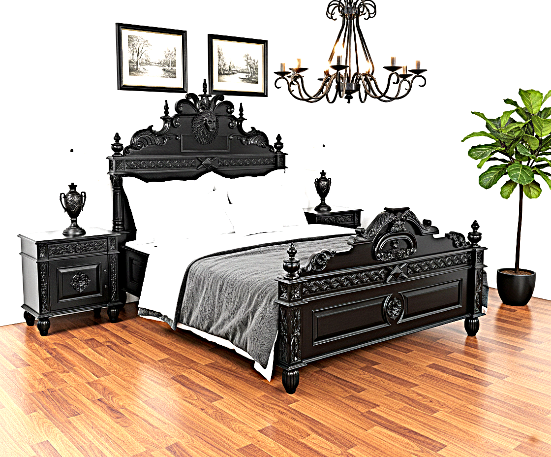 Lion Head Hand Carved Elegant Design Gothic Style Platform Bed