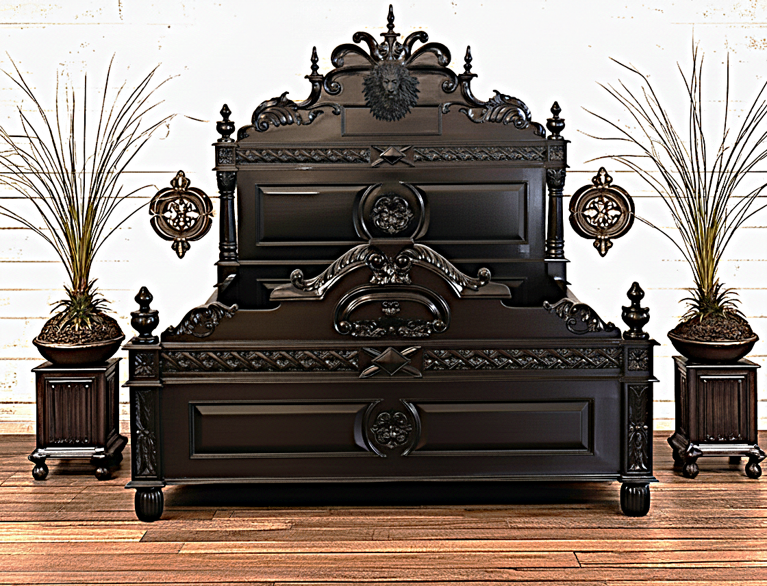 Lion Head Hand Carved Elegant Design Gothic Style Platform Bed
