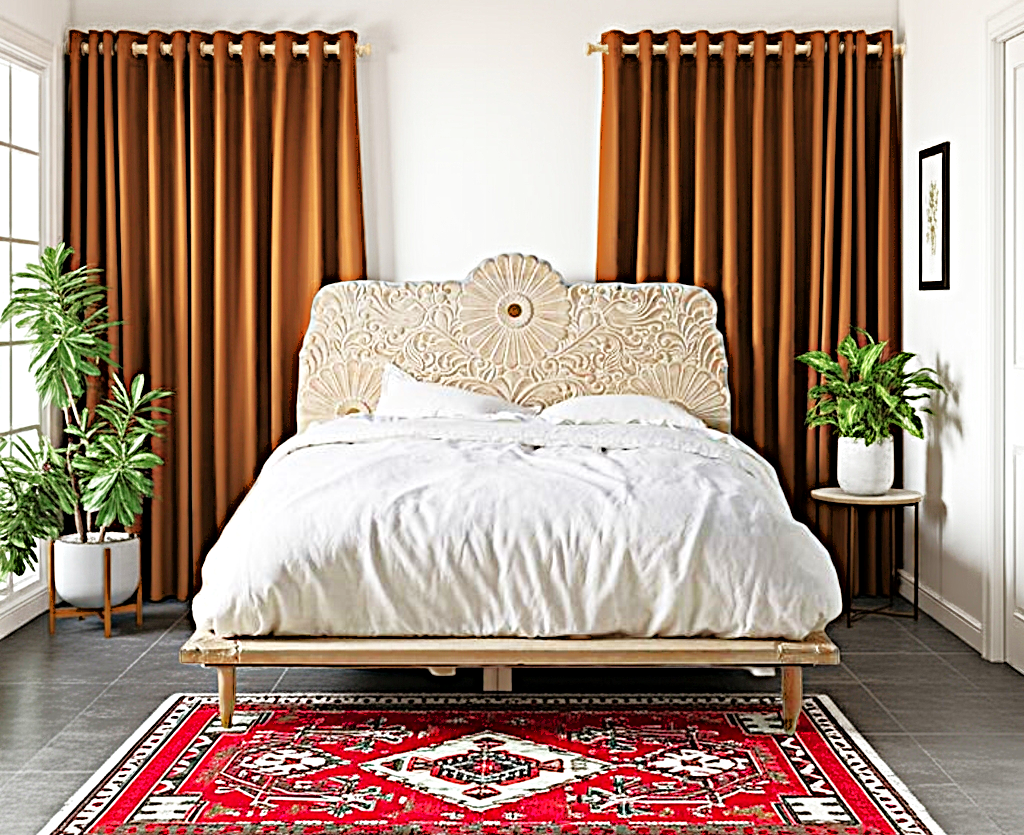 Bohemian Style Hand carved Indian Wooden Floral Platform Bed