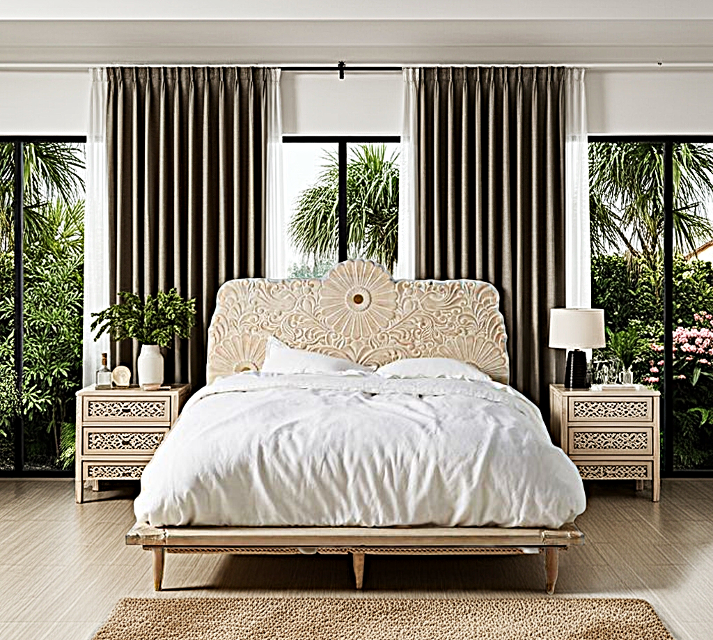 Bohemian Style Hand carved Indian Wooden Floral Platform Bed