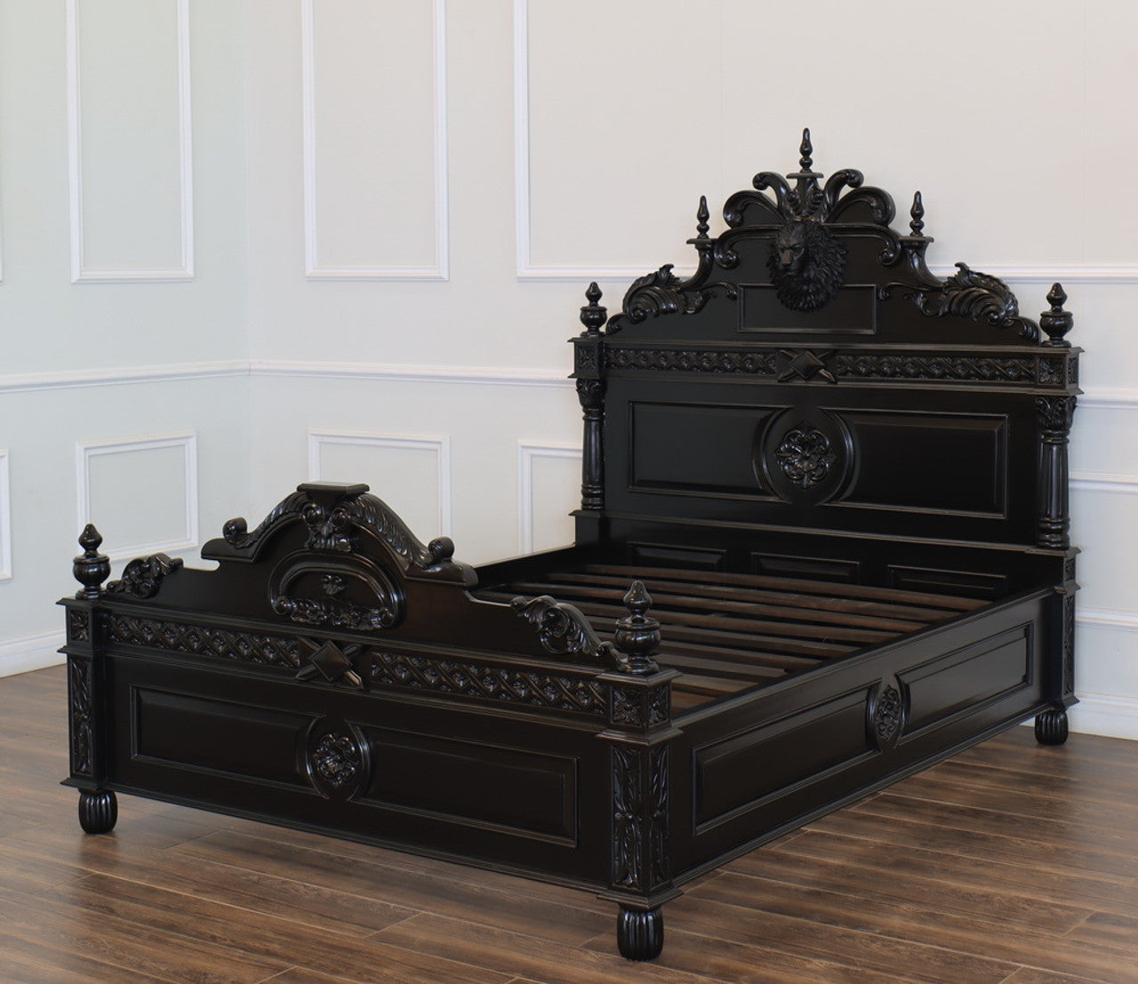 Lion Head Hand Carved Gothic Style Solid Wooden Bed