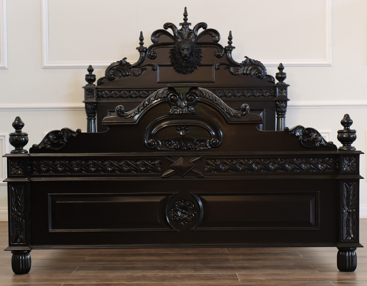 Lion Head Hand Carved Gothic Style Solid Wooden Bed