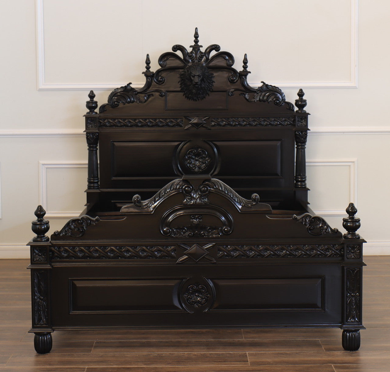 Lion Head Hand Carved Gothic Style Solid Wooden Bed