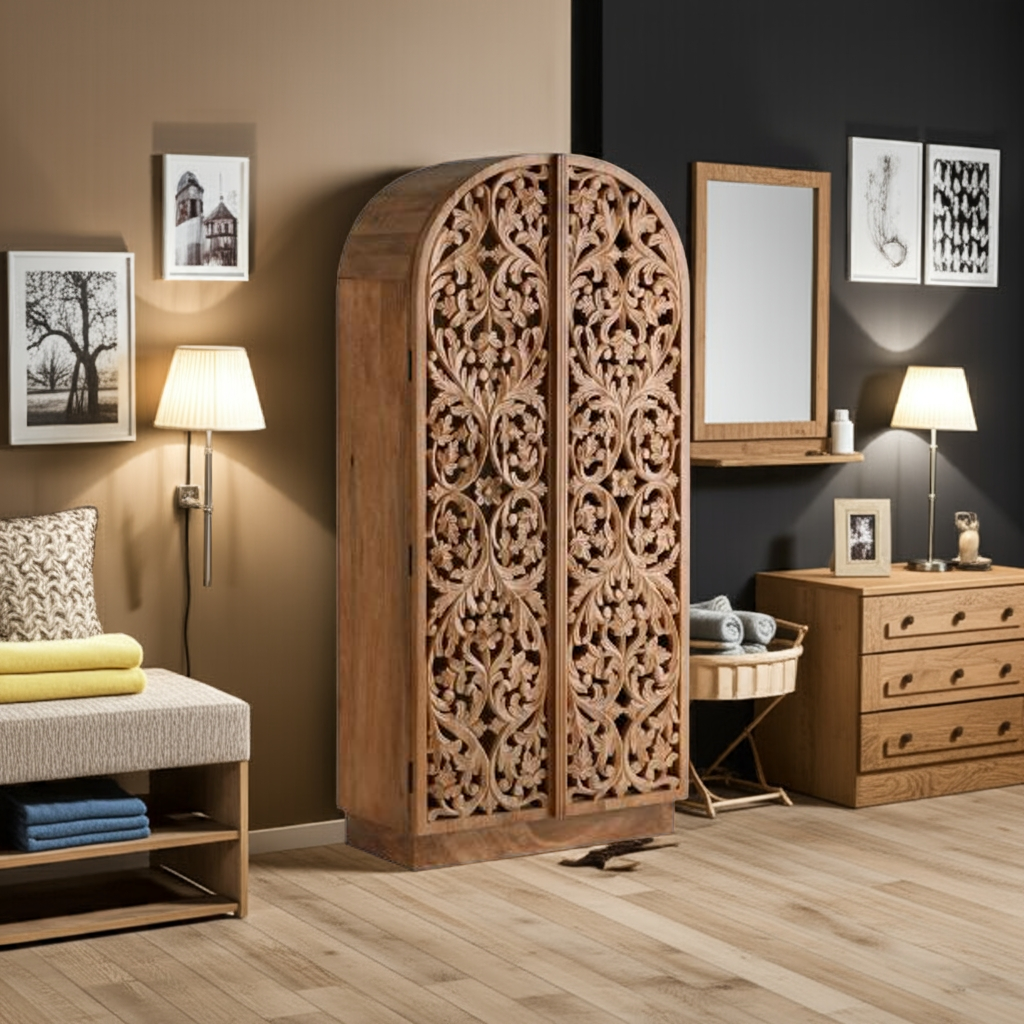 Sitra Arched Natural Floral Hand Carved Wood Storage Cabinet