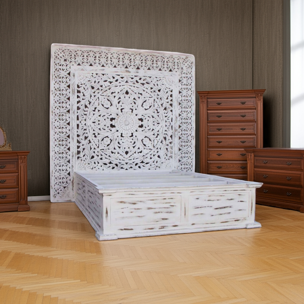 Dynasty Hand Carved Wooden Jody Bed Frame With Storage Drawers