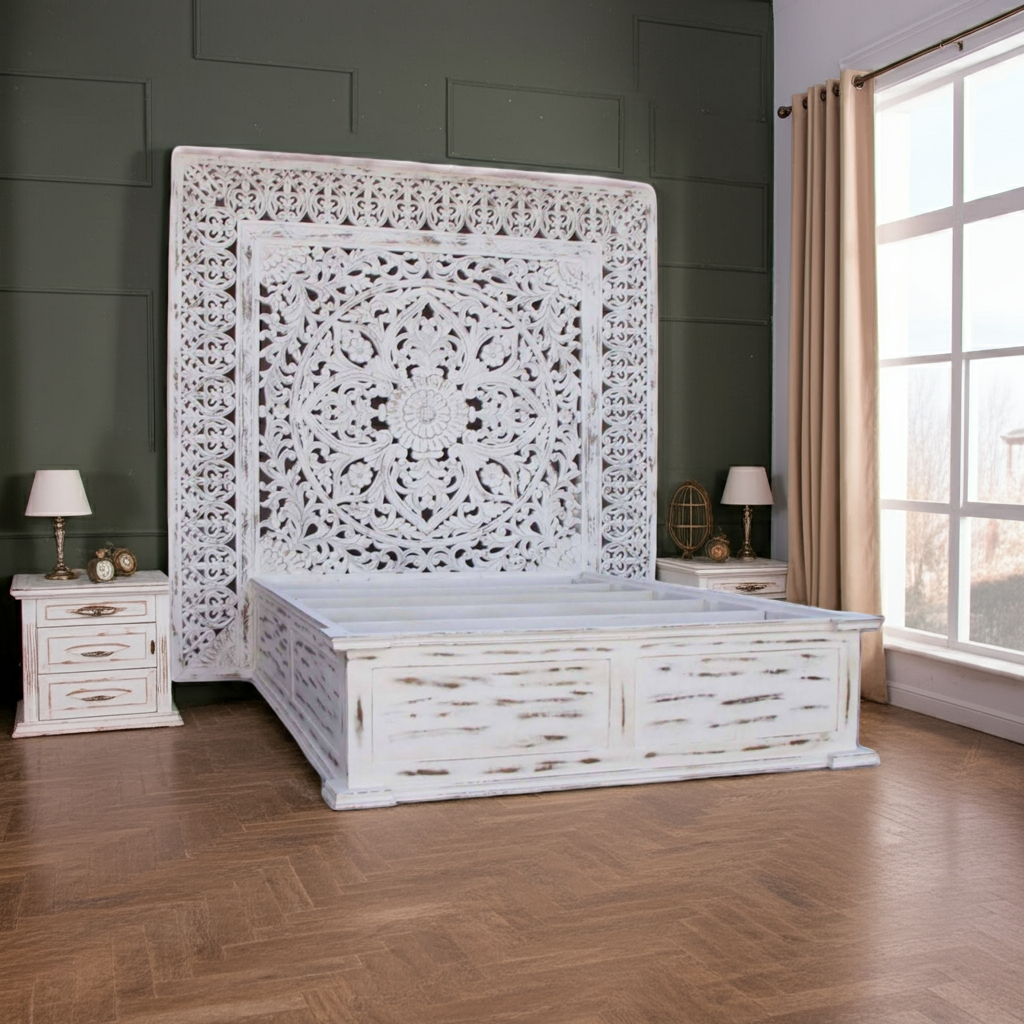 Dynasty Hand Carved Wooden Jody Bed Frame With Storage Drawers