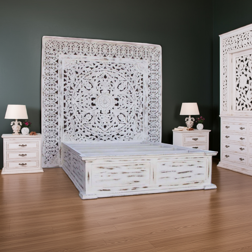Dynasty Hand Carved Wooden Jody Bed Frame With Storage Drawers