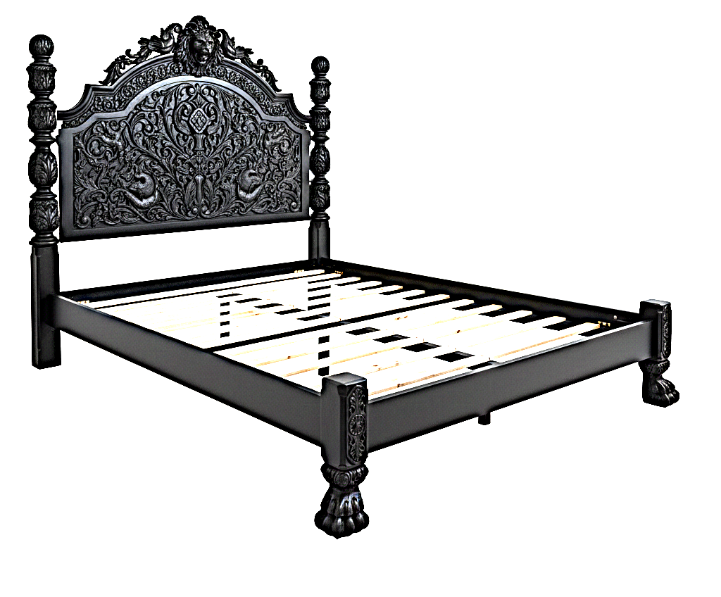 Roar Lion Head Carved Solid Wooden Hand Carved Gothic Platform Bed