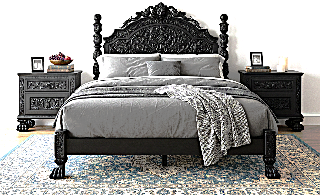 Roar Lion Head Carved Solid Wooden Hand Carved Gothic Platform Bed
