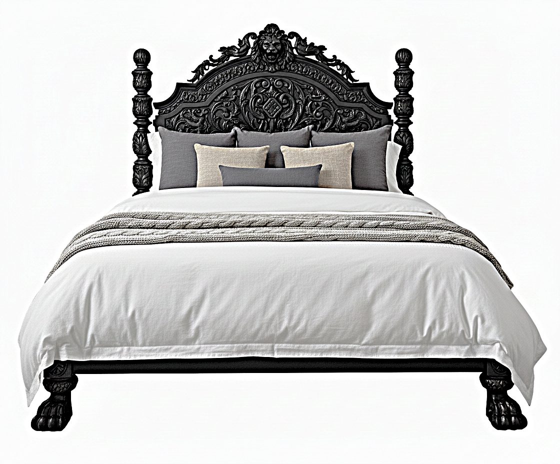 Roar Lion Head Carved Solid Wooden Hand Carved Gothic Platform Bed