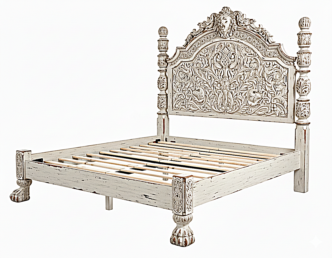 Roar Lion Head Carved Solid Wooden Hand Carved Gothic Platform Bed