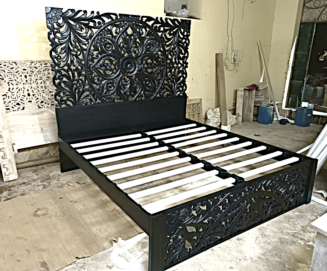 Amani Hand Carved Indian Solid wooden bed frame White