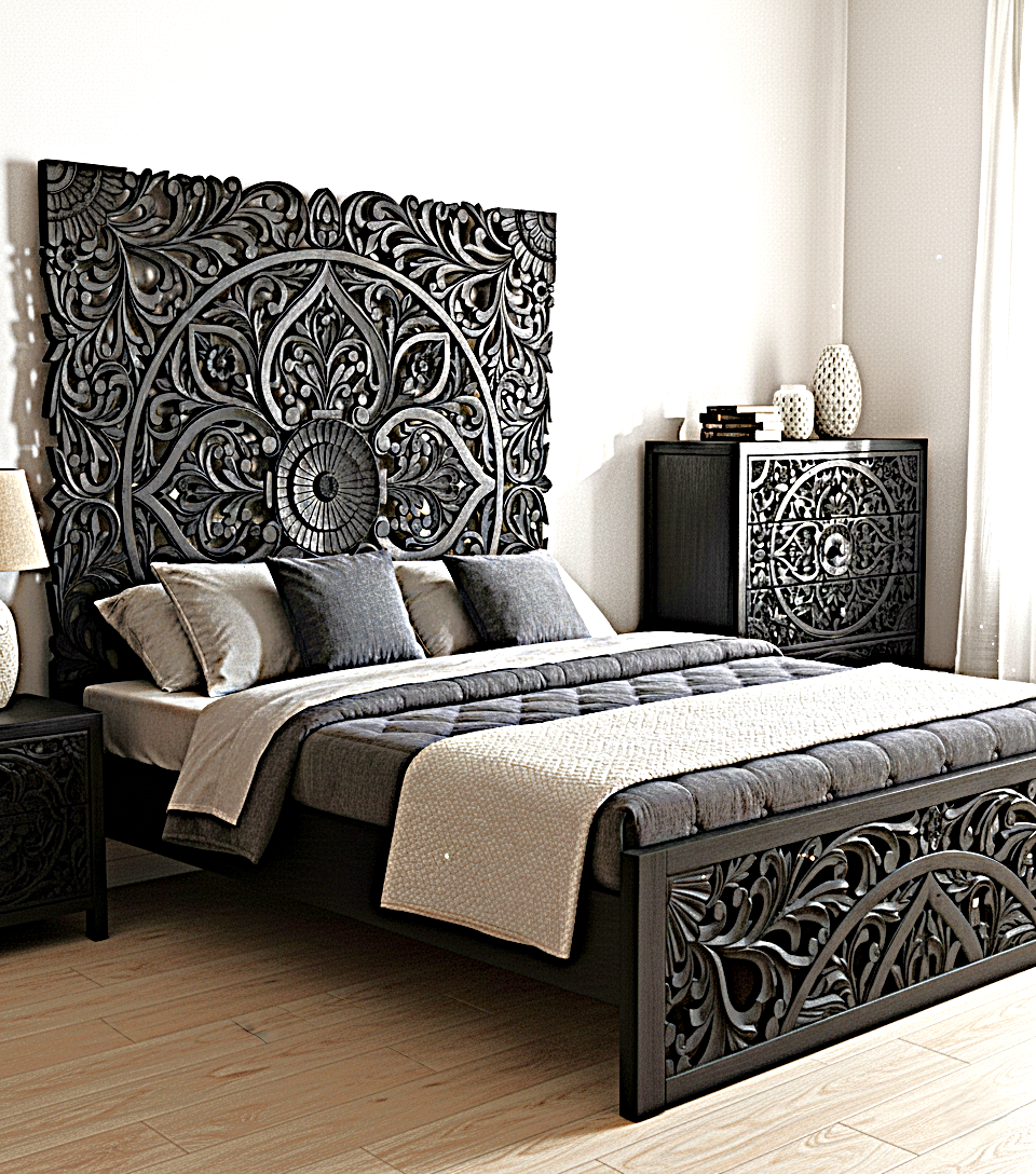 Amani Hand Carved Indian Solid wooden bed frame White
