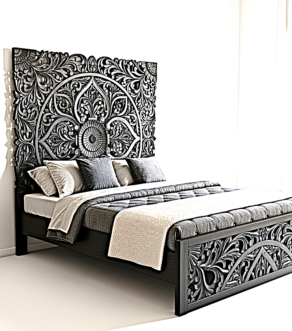 Amani Hand Carved Indian Solid wooden bed frame White