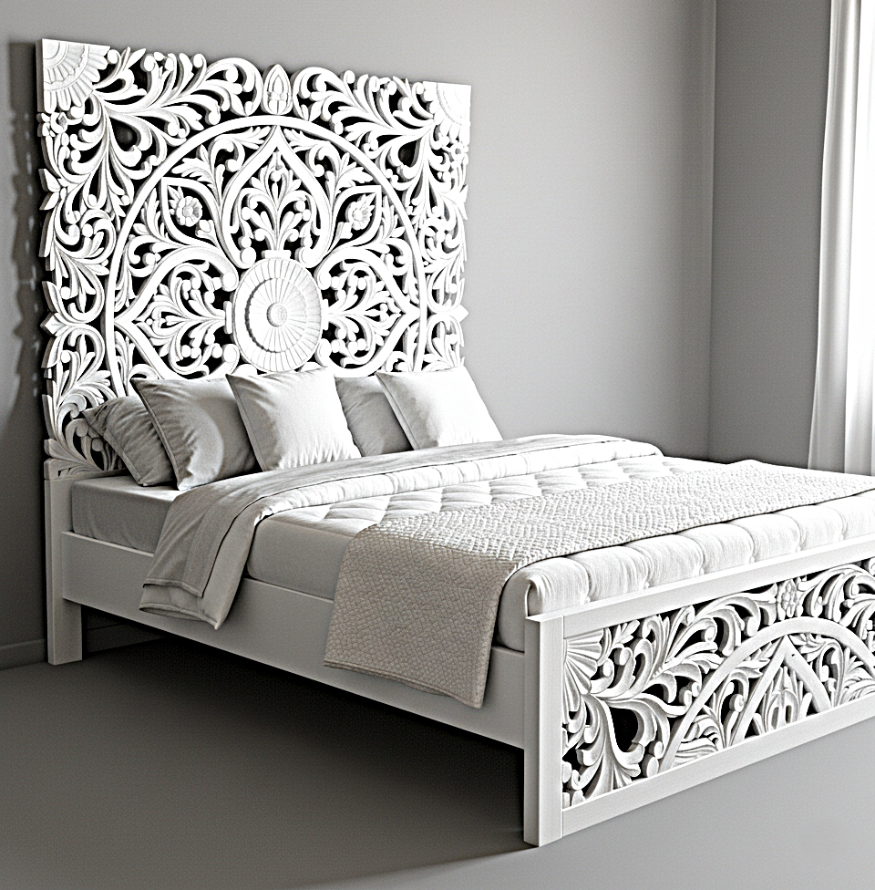 Amani Hand Carved Indian Solid wooden bed frame White