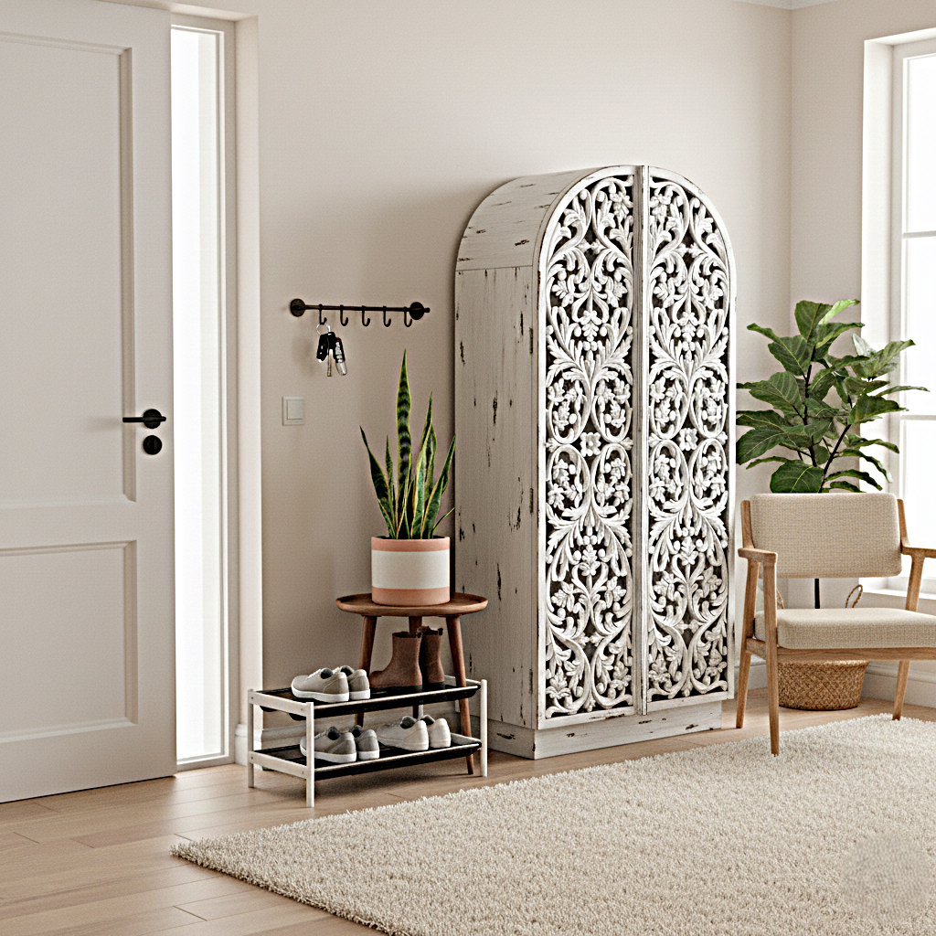 Sitra Arched Natural Floral Hand Carved Wood Storage Cabinet