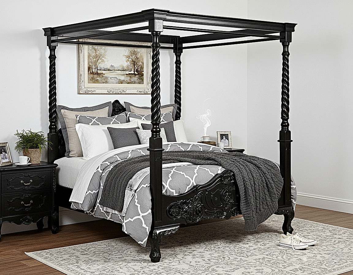 Cama con dosel de madera maciza tallada a mano gótica Kabak