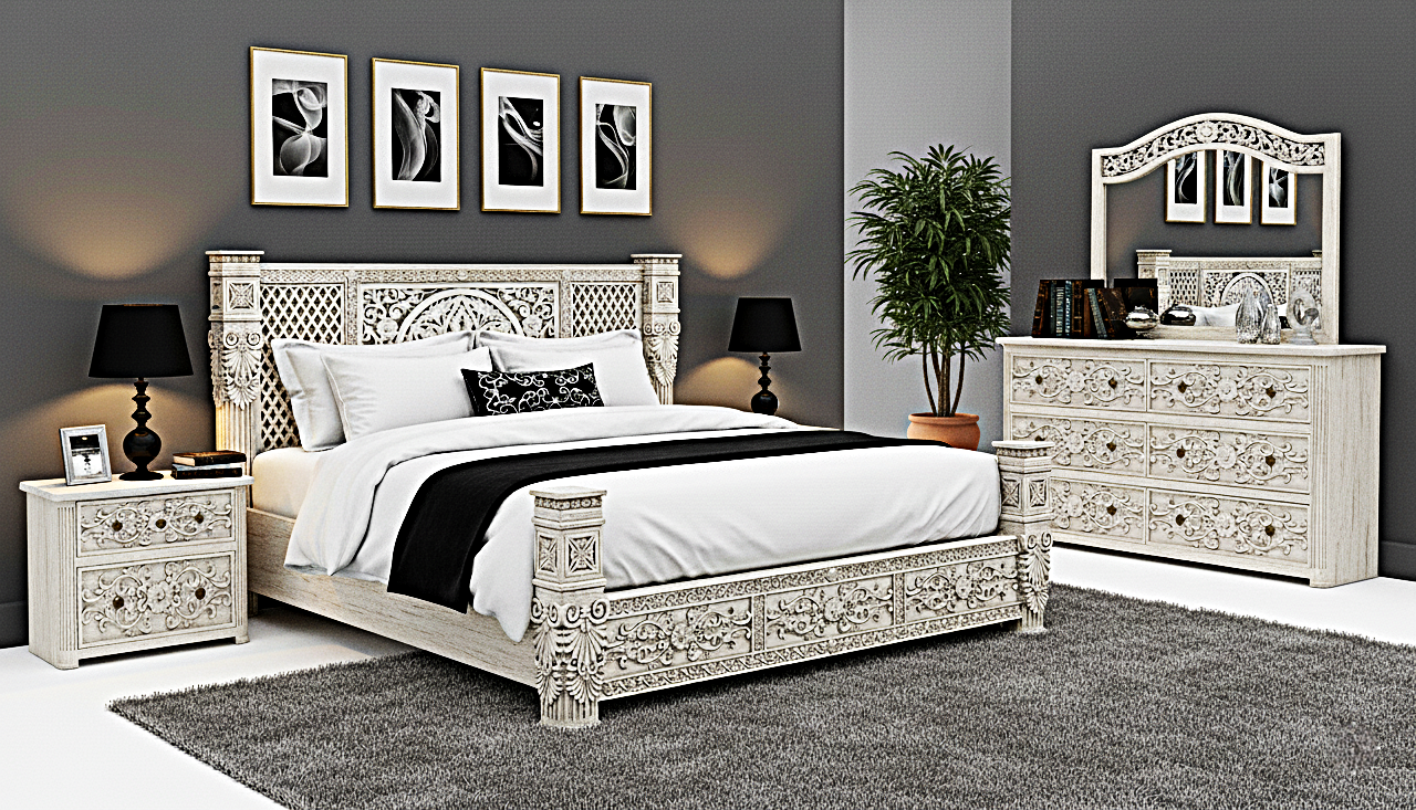 Kasbah Hand-Carved Solid Wooden Platform Bed / Bedroom Set