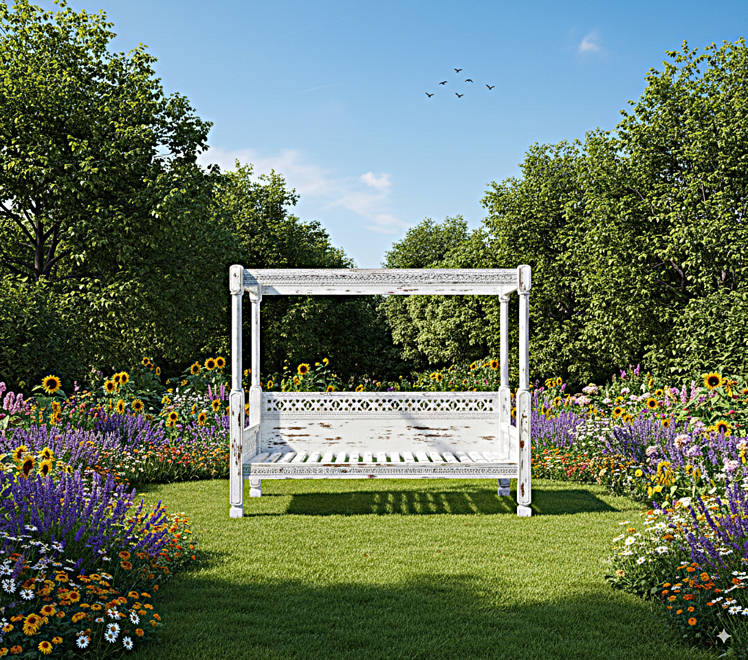 Hand Carved Canopy Style Solid Wooden Daybed / OutDoor Seating