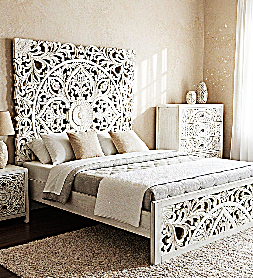 Amani Hand Carved Indian Solid wooden bed frame White