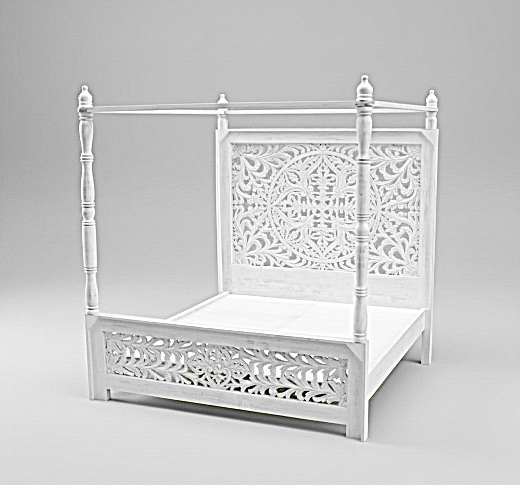 Indian Hand Carved wooden High Headboard Canopy Bed Frame