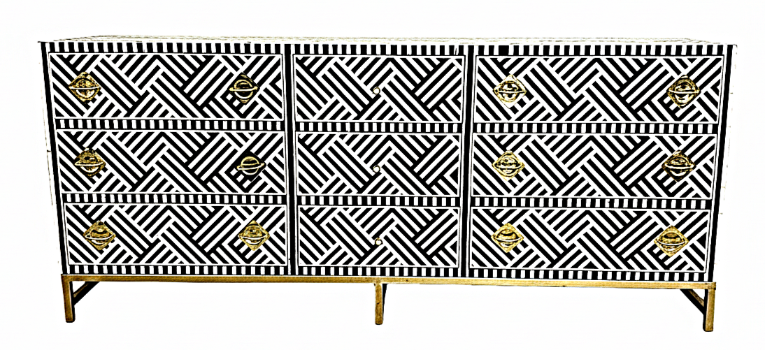 Cómoda de cajón hecha a mano con incrustaciones de hueso color blanco y negro con 9 cajones