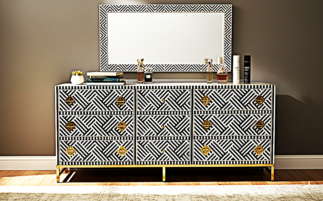 Cómoda de cajón hecha a mano con incrustaciones de hueso color blanco y negro con 9 cajones