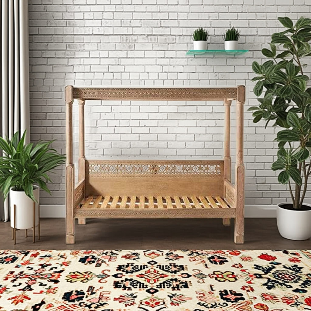 Hand Carved Canopy Style Solid Wooden Daybed / Out Door Seating