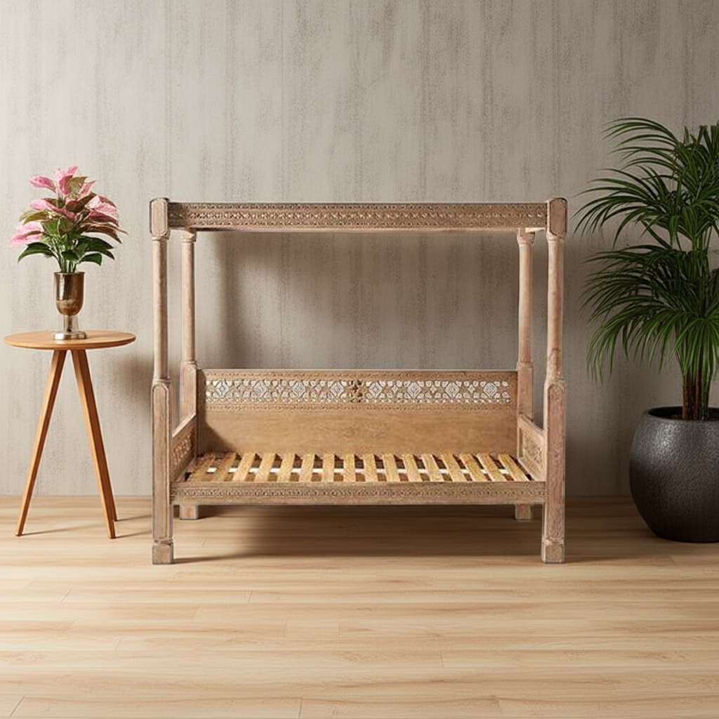 Hand Carved Canopy Style Solid Wooden Daybed / Out Door Seating