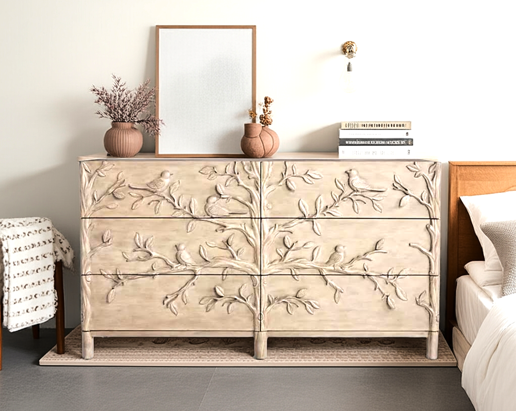 Hand Carved Ornithology Six-Drawer Dresser