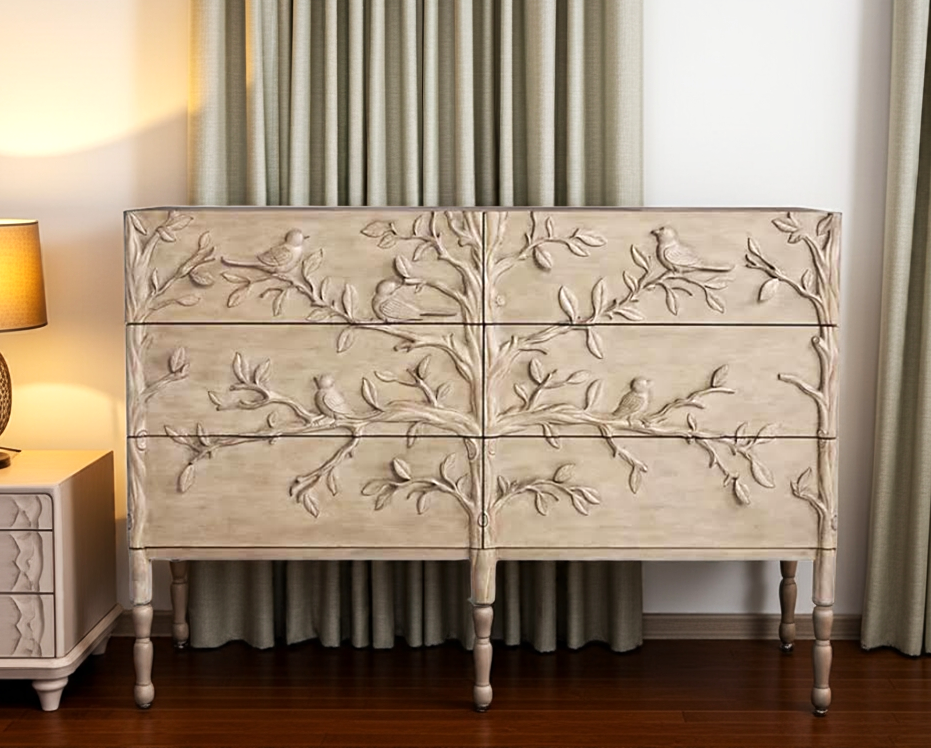 Hand Carved Ornithology Six-Drawer Dresser